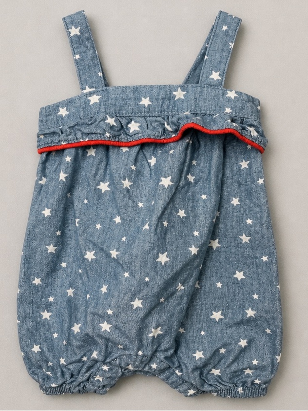 Way to Celebrate Patriotic blue chambray bubble romper with starring and ruffle